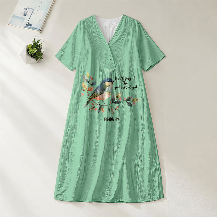 Christianartworkshop « Je chanterai la bonté de Dieu » Psaume 89:1 Robe midi à manches courtes et col en V, imprimé branches et oiseaux - Vert - 4XL - image 16