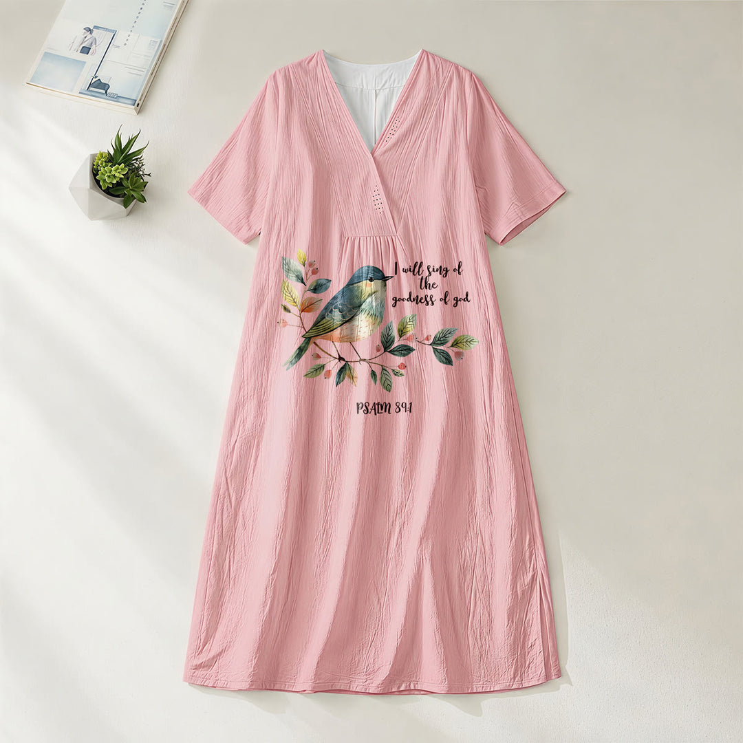 Christianartworkshop « Je chanterai la bonté de Dieu » Psaume 89:1 Robe midi à manches courtes et col en V, imprimé branches et oiseaux - Rose - 4XL - image 12