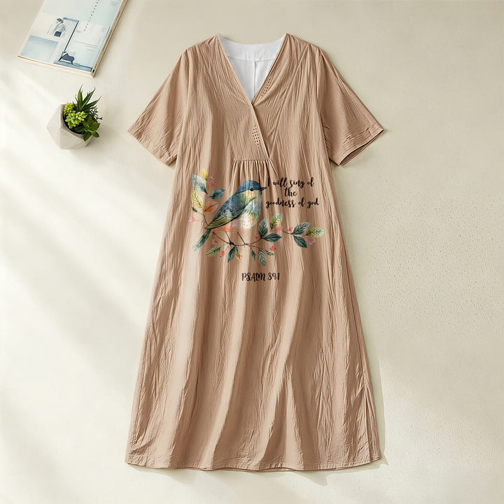 Christianartworkshop « Je chanterai la bonté de Dieu » Psaume 89:1 Robe midi à manches courtes et col en V, imprimé branches et oiseaux - Kaki - 4XL - image 20