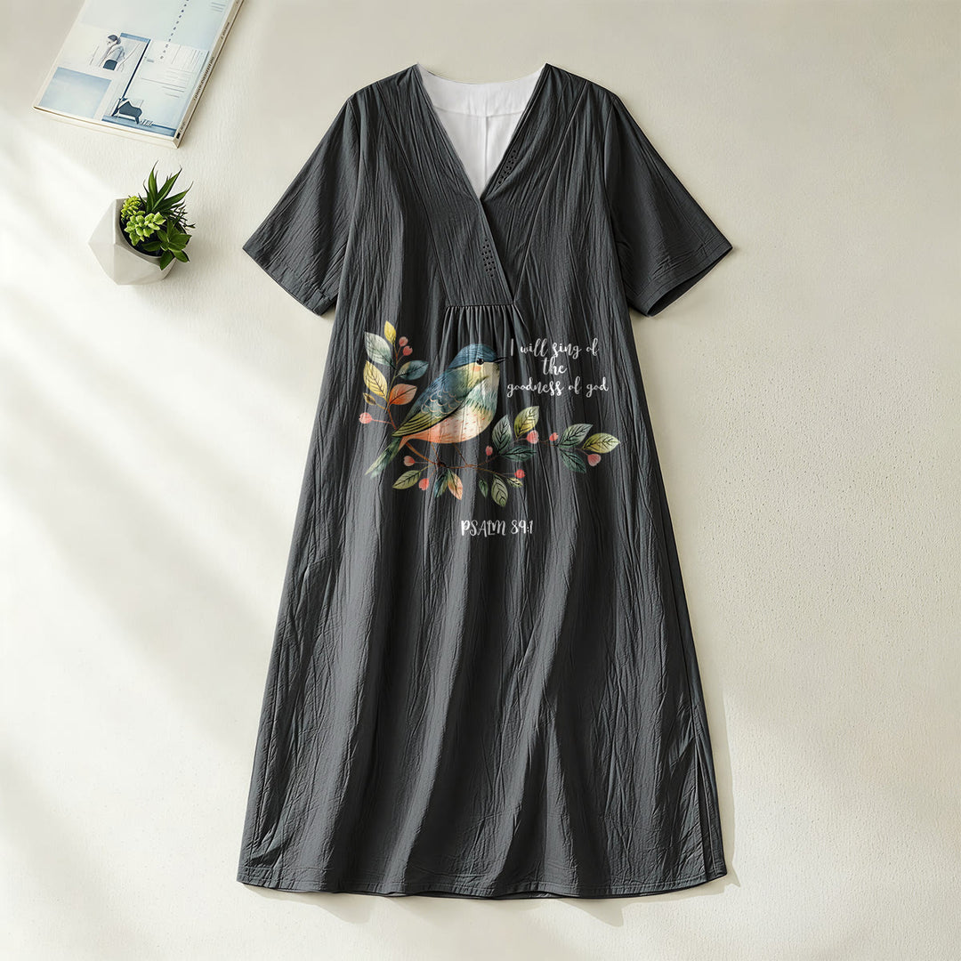 Christianartworkshop « Je chanterai la bonté de Dieu » Psaume 89:1 Robe midi à manches courtes et col en V, imprimé branches et oiseaux - Noir - 4XL - image 4