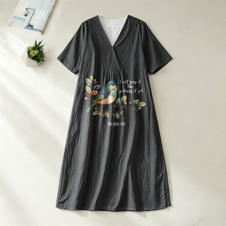 Christianartworkshop « Je chanterai la bonté de Dieu » Psaume 89:1 Robe midi à manches courtes et col en V, imprimé branches et oiseaux - Noir - 4XL - image 4