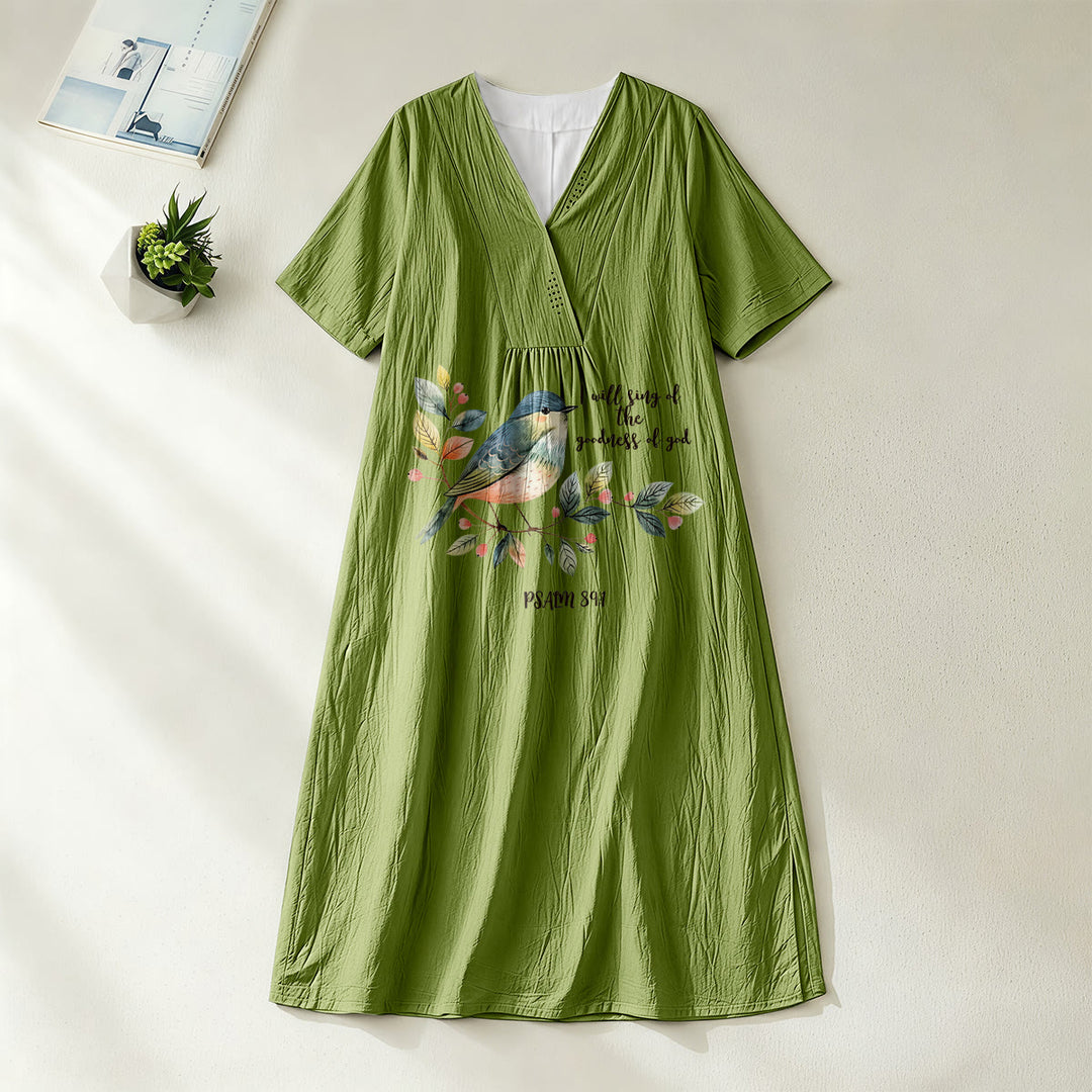 Christianartworkshop « Je chanterai la bonté de Dieu » Psaume 89:1 Robe midi à manches courtes et col en V, imprimé branches et oiseaux - Vert olive - 4XL - image 8