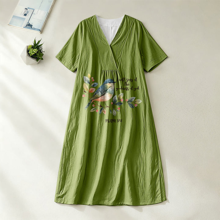 Christianartworkshop « Je chanterai la bonté de Dieu » Psaume 89:1 Robe midi à manches courtes et col en V, imprimé branches et oiseaux - Vert olive - 4XL - image 8