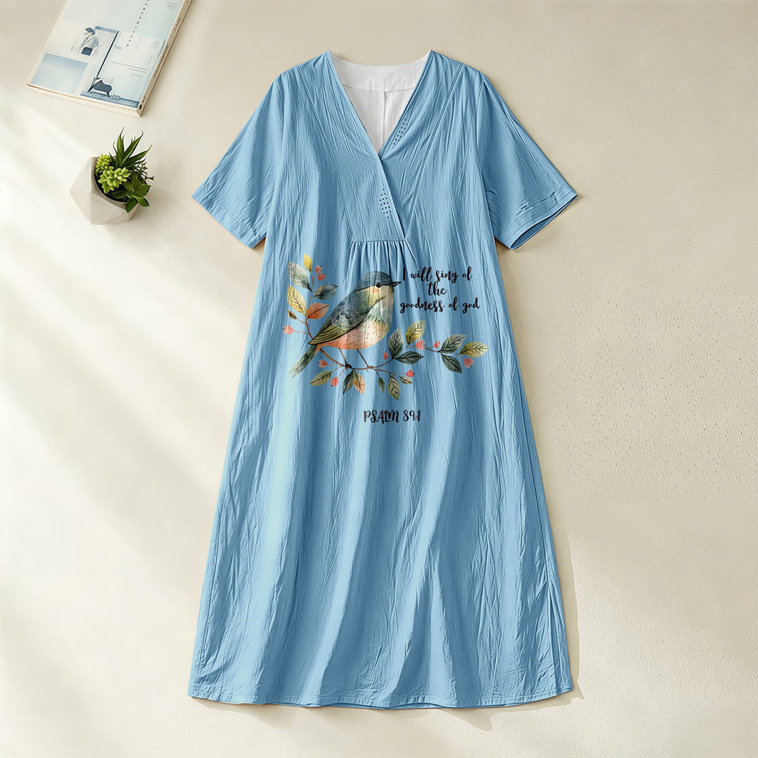 Christianartworkshop « Je chanterai la bonté de Dieu » Psaume 89:1 Robe midi à manches courtes et col en V, imprimé branches et oiseaux - Bleu - 4XL - image 0