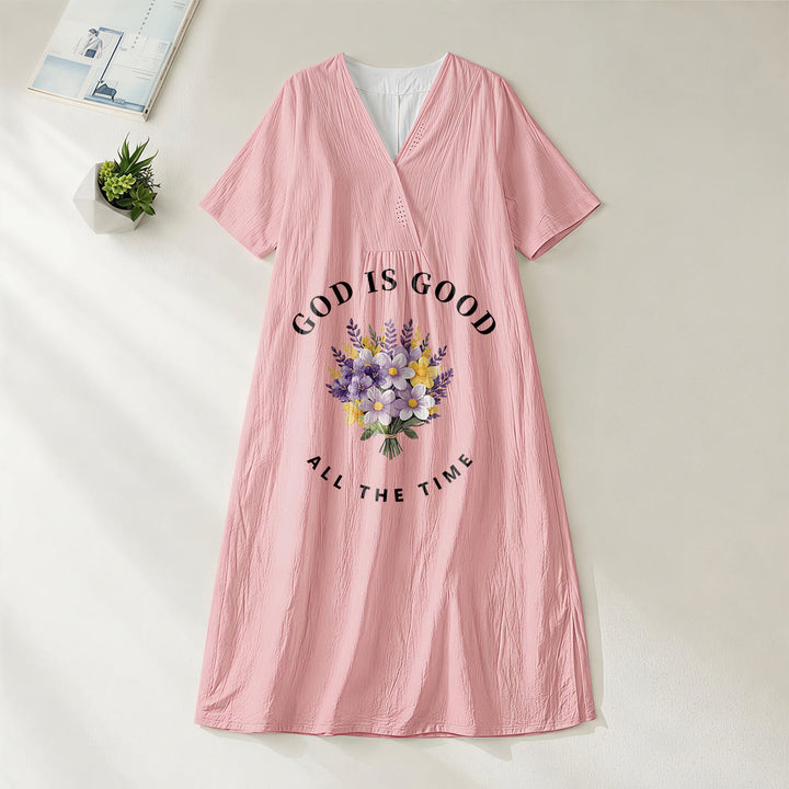 Robe midi à manches courtes et col en V, imprimée d'un bouquet de fleurs, de Christianartworkshop « Dieu est bon en tout temps ». - Rose - 4XL - image 0