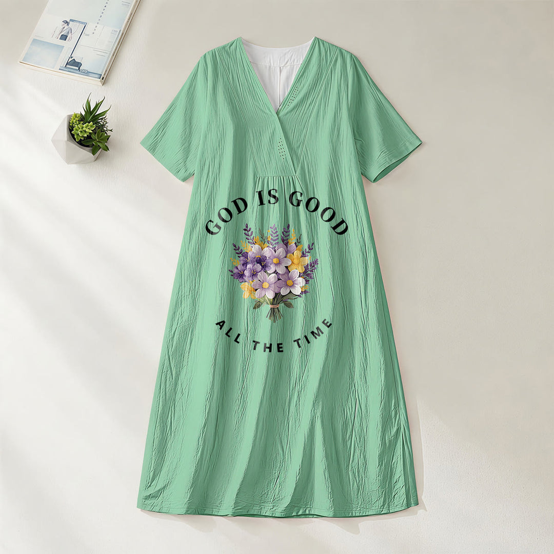 Robe midi à manches courtes et col en V, imprimée d'un bouquet de fleurs, de Christianartworkshop « Dieu est bon en tout temps ». - Vert - 4XL - image 16