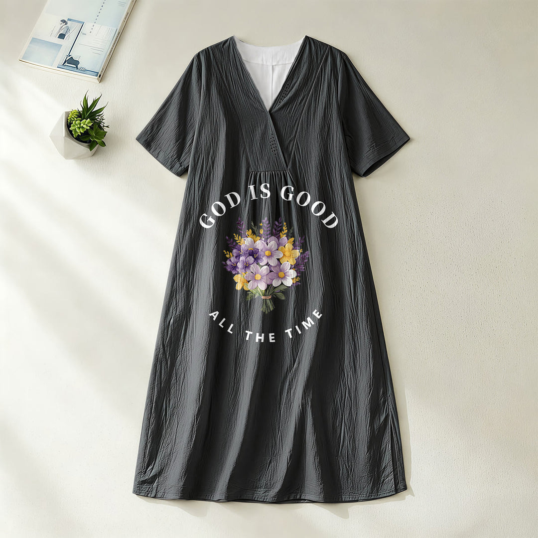 Robe midi à manches courtes et col en V, imprimée d'un bouquet de fleurs, de Christianartworkshop « Dieu est bon en tout temps ». - Noir - 4XL - image 8