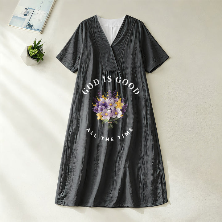 Robe midi à manches courtes et col en V, imprimée d'un bouquet de fleurs, de Christianartworkshop « Dieu est bon en tout temps ». - Noir - 4XL - image 8