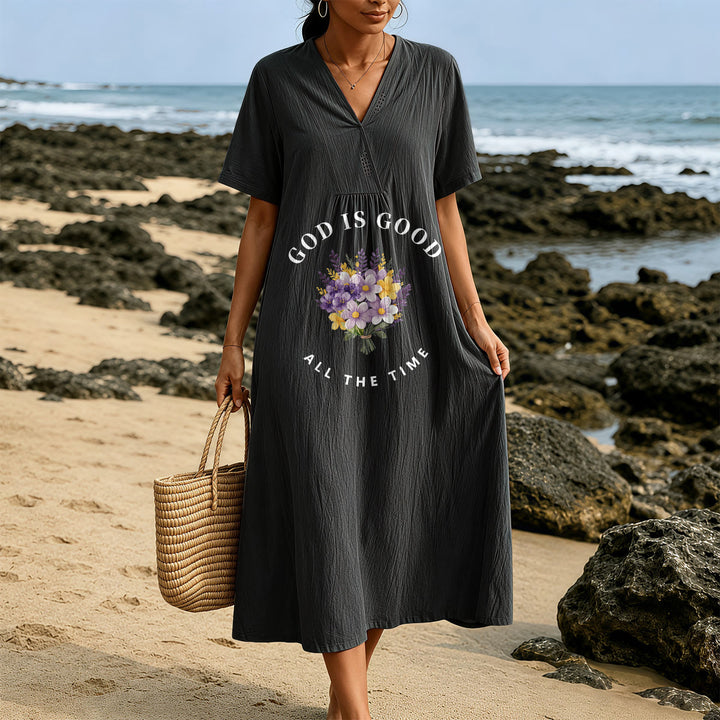 Robe midi à manches courtes et col en V, imprimée d'un bouquet de fleurs, de Christianartworkshop « Dieu est bon en tout temps ». - image 9