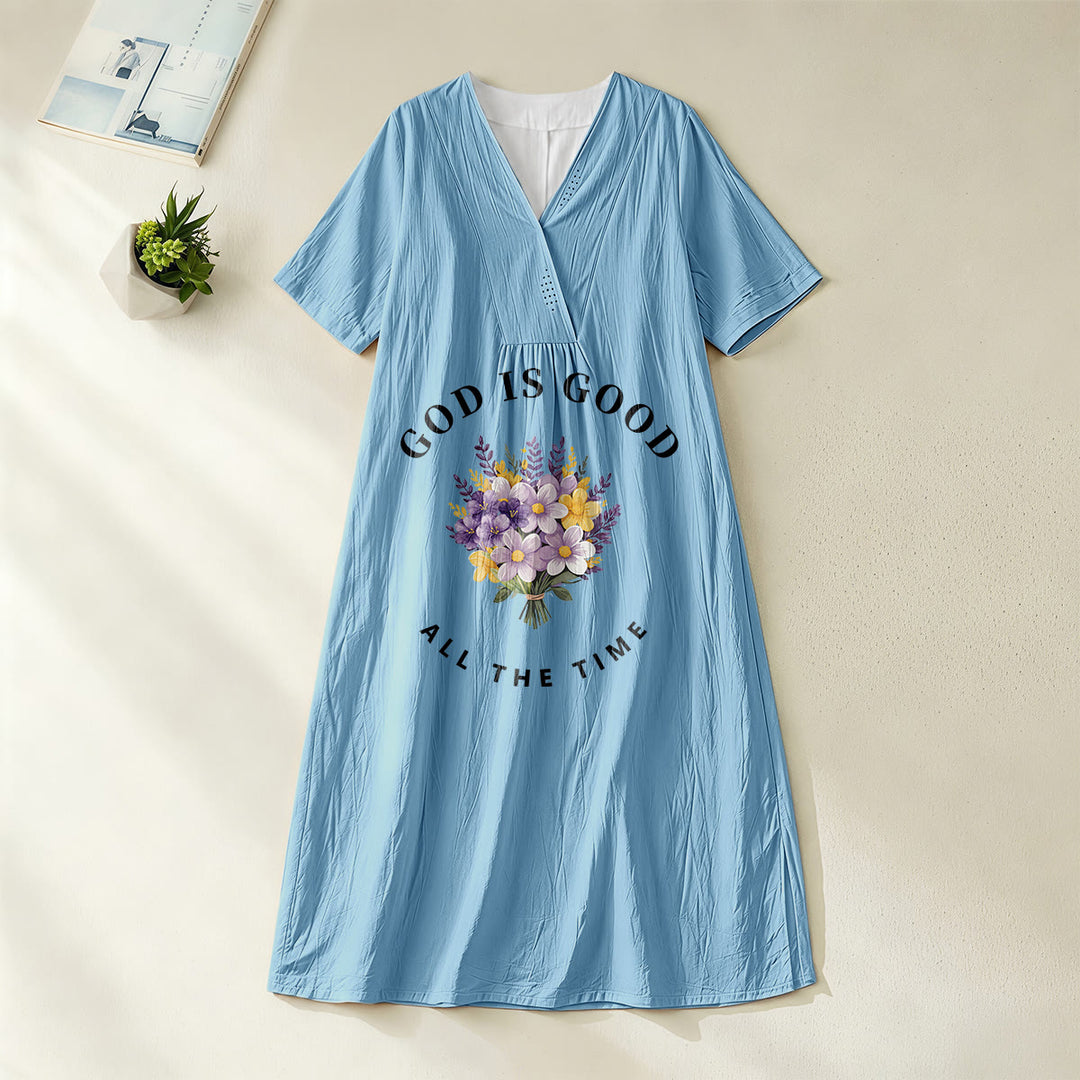 Robe midi à manches courtes et col en V, imprimée d'un bouquet de fleurs, de Christianartworkshop « Dieu est bon en tout temps ». - Bleu - 4XL - image 4