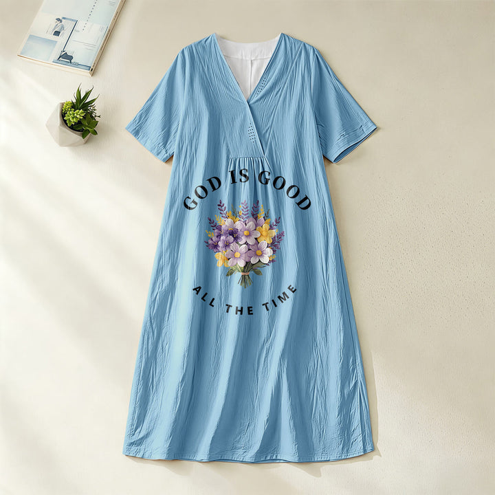 Robe midi à manches courtes et col en V, imprimée d'un bouquet de fleurs, de Christianartworkshop « Dieu est bon en tout temps ». - Bleu - 4XL - image 4