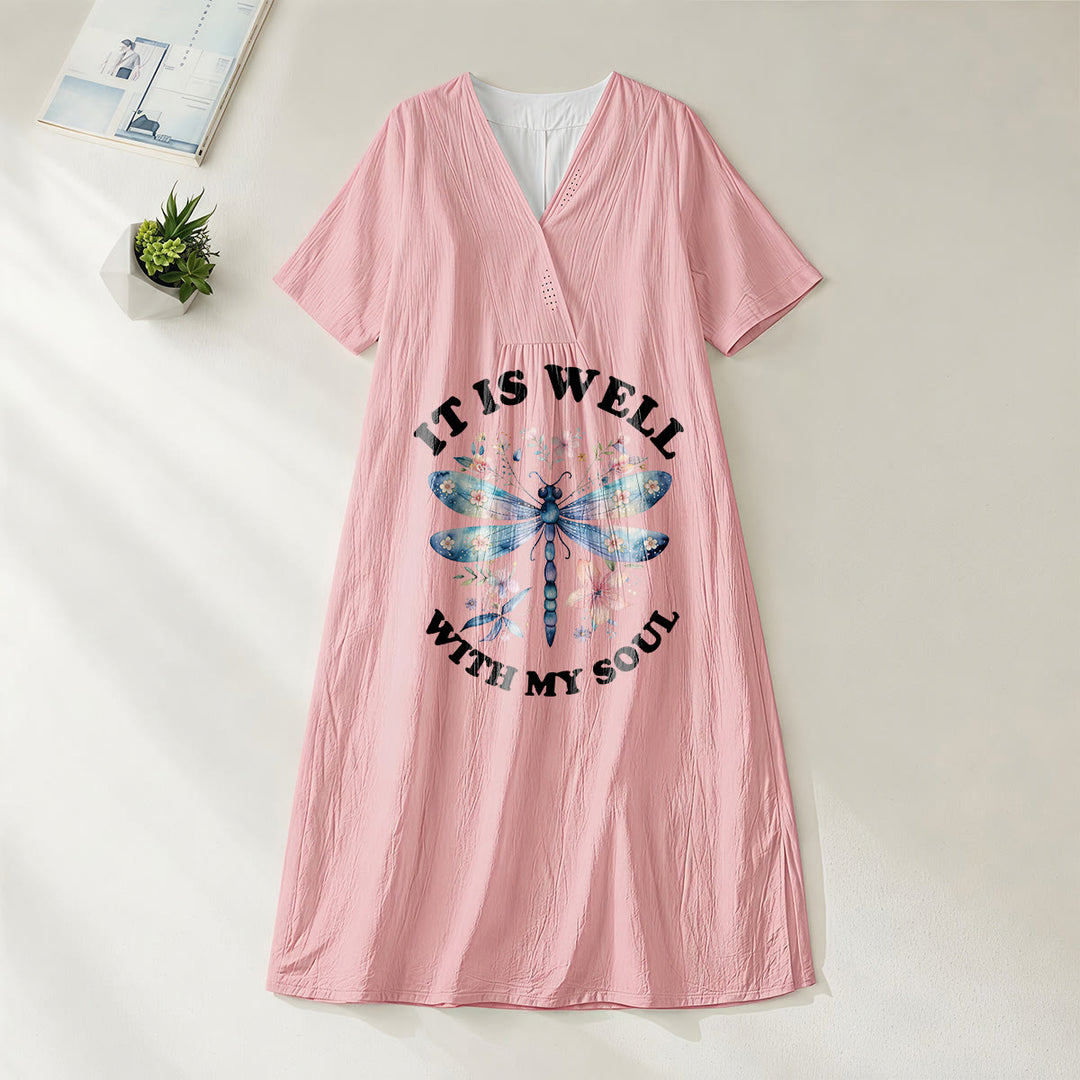 Christianartworkshop « Tout va bien pour mon âme » Robe midi à manches courtes et col en V, motif floral libellule aquarelle - Rose - 4XL - image 8