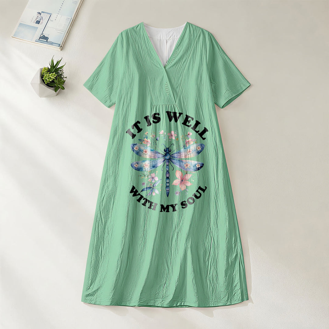 Christianartworkshop « Tout va bien pour mon âme » Robe midi à manches courtes et col en V, motif floral libellule aquarelle - Vert - 4XL - image 20