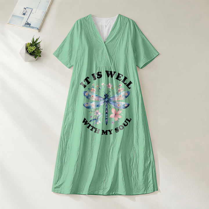 Christianartworkshop « Tout va bien pour mon âme » Robe midi à manches courtes et col en V, motif floral libellule aquarelle - Vert - 4XL - image 20