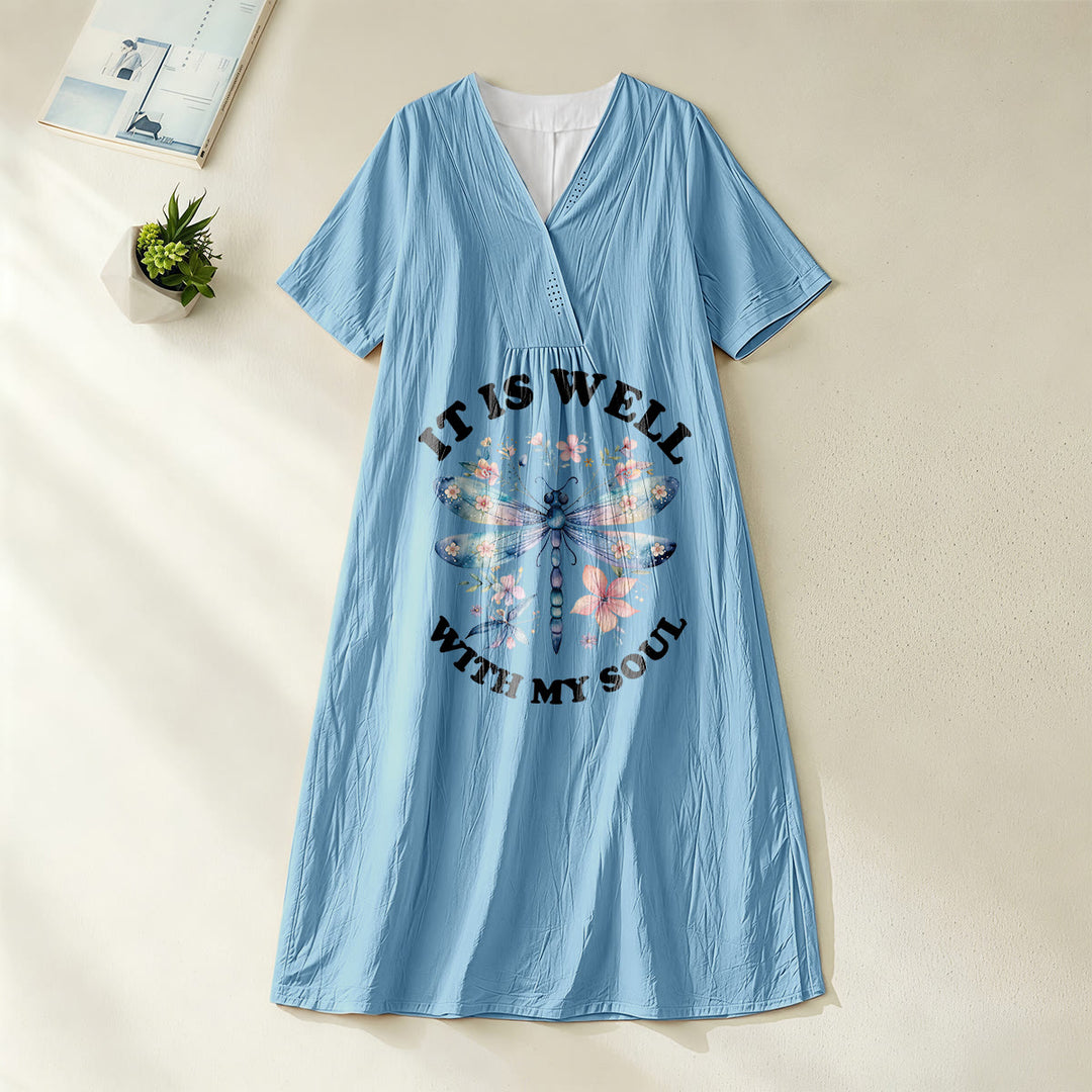 Christianartworkshop « Tout va bien pour mon âme » Robe midi à manches courtes et col en V, motif floral libellule aquarelle - Bleu - 4XL - image 12