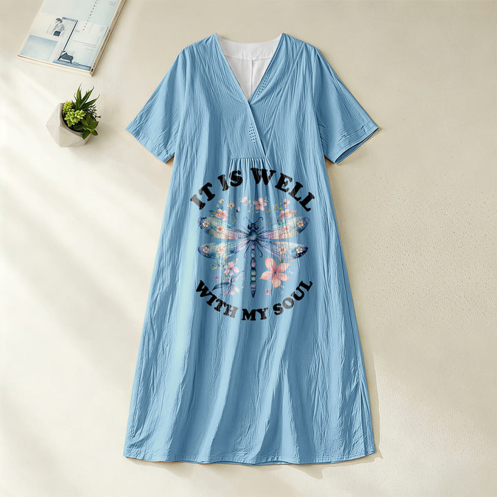 Christianartworkshop « Tout va bien pour mon âme » Robe midi à manches courtes et col en V, motif floral libellule aquarelle - Bleu - 4XL - image 12