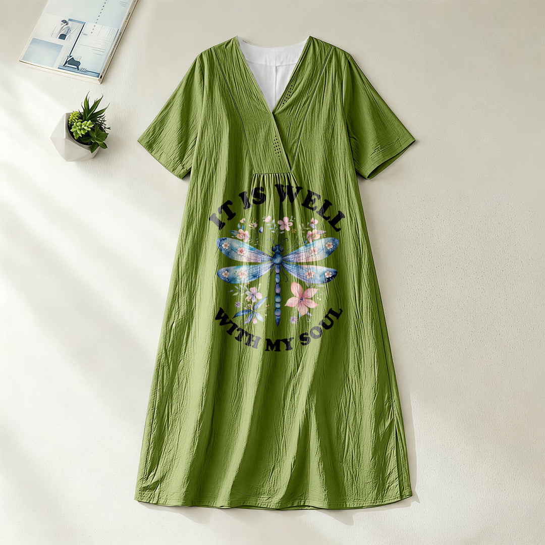 Christianartworkshop « Tout va bien pour mon âme » Robe midi à manches courtes et col en V, motif floral libellule aquarelle - Vert olive - 4XL - image 16