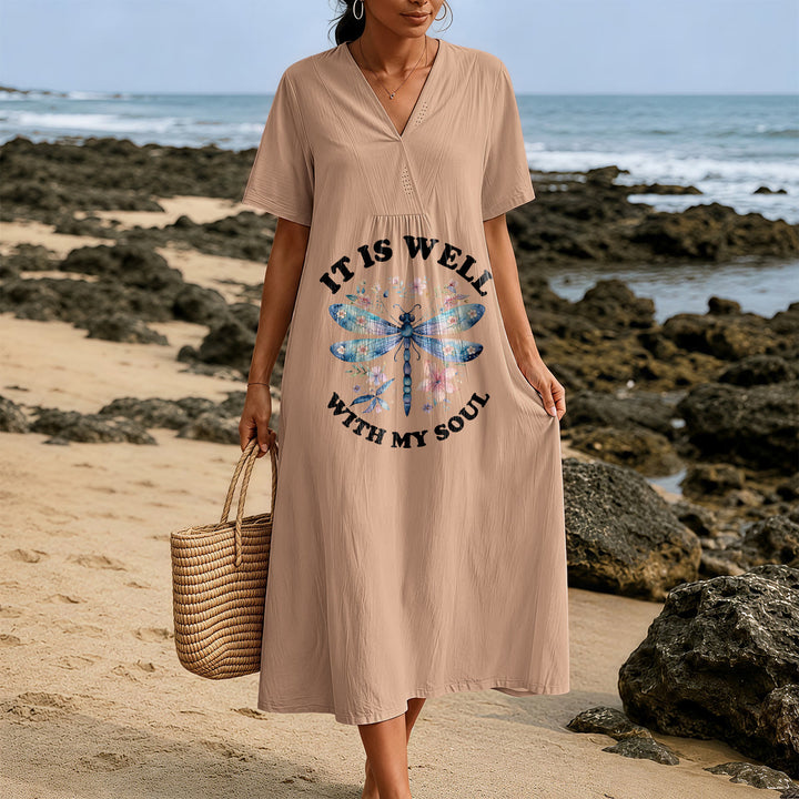 Christianartworkshop « Tout va bien pour mon âme » Robe midi à manches courtes et col en V, motif floral libellule aquarelle - image 1
