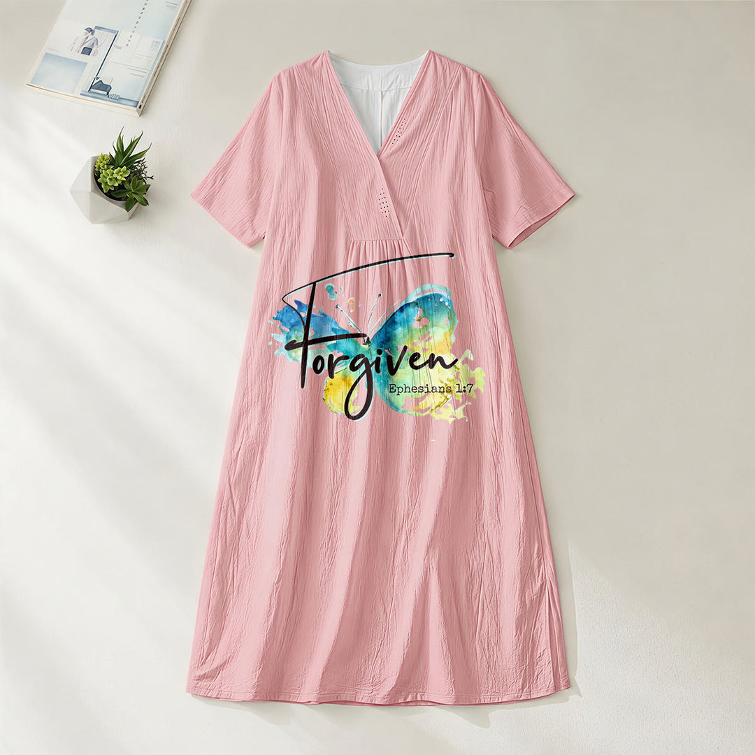 Robe midi à col en V avec papillon aquarelle et verset biblique, idéale pour une réunion à l'église (Christianartworkshop). - Rose - 4XL - image 12