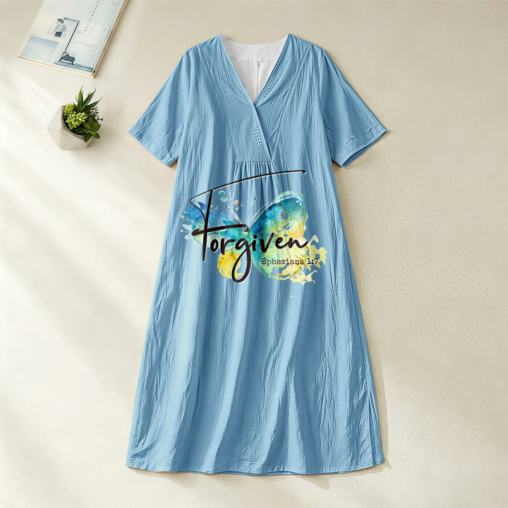 Robe midi à col en V avec papillon aquarelle et verset biblique, idéale pour une réunion à l'église (Christianartworkshop). - Bleu - 4XL - image 16