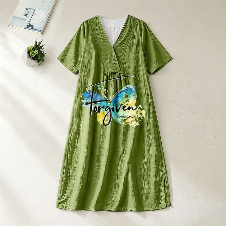 Robe midi à col en V avec papillon aquarelle et verset biblique, idéale pour une réunion à l'église (Christianartworkshop). - Vert olive - 4XL - image 0