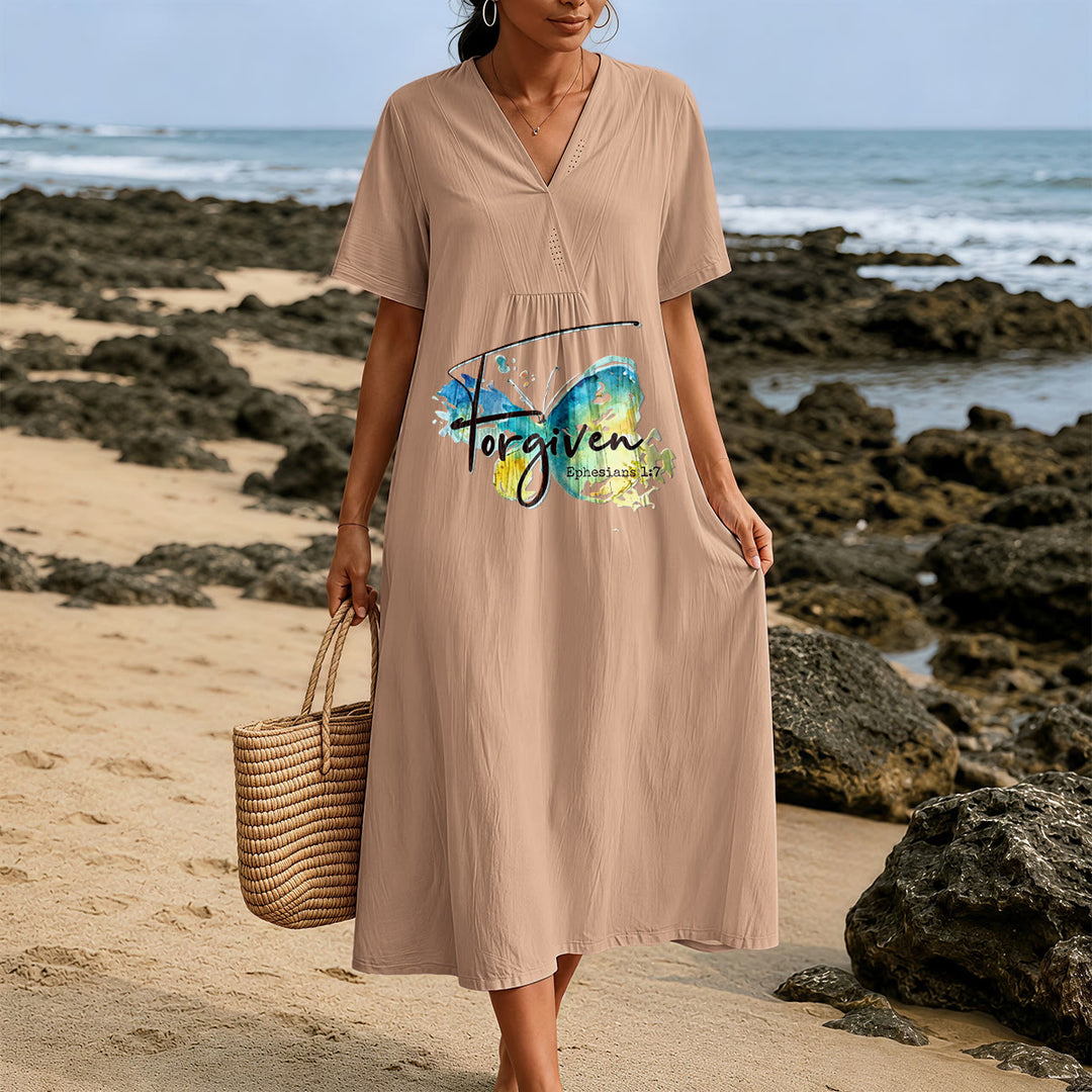 Robe midi à col en V avec papillon aquarelle et verset biblique, idéale pour une réunion à l'église (Christianartworkshop). - image 5