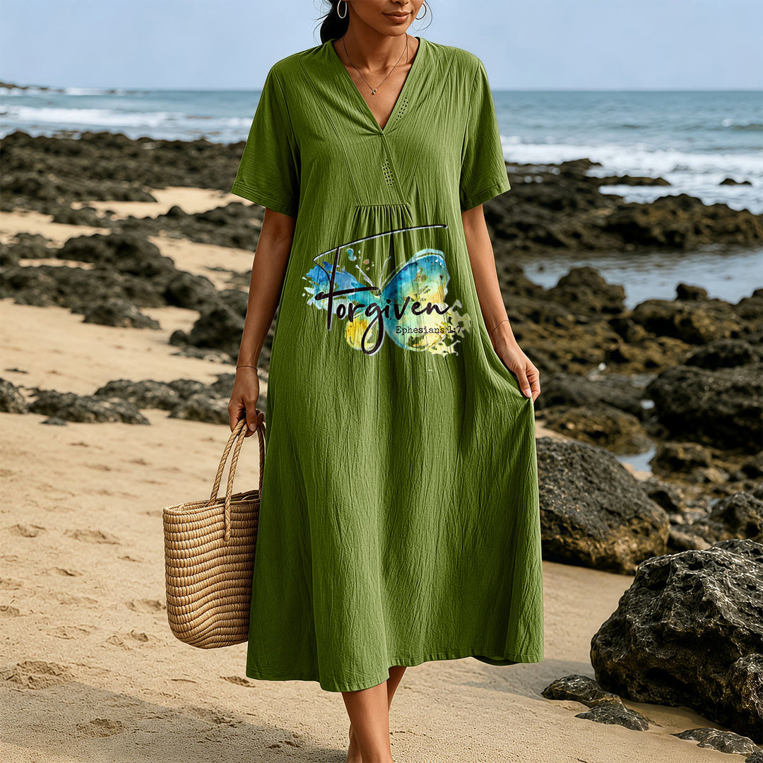Robe midi à col en V avec papillon aquarelle et verset biblique, idéale pour une réunion à l'église (Christianartworkshop). - image 1