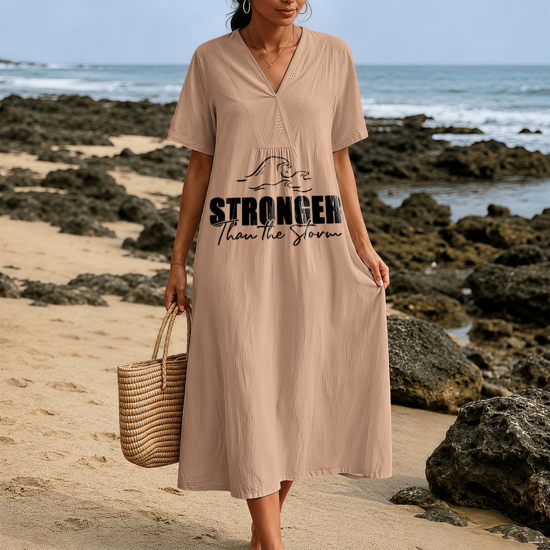 Robe midi à manches courtes et col en V à motif vague « Plus forte que la tempête » de Christianartworkshop - image 9