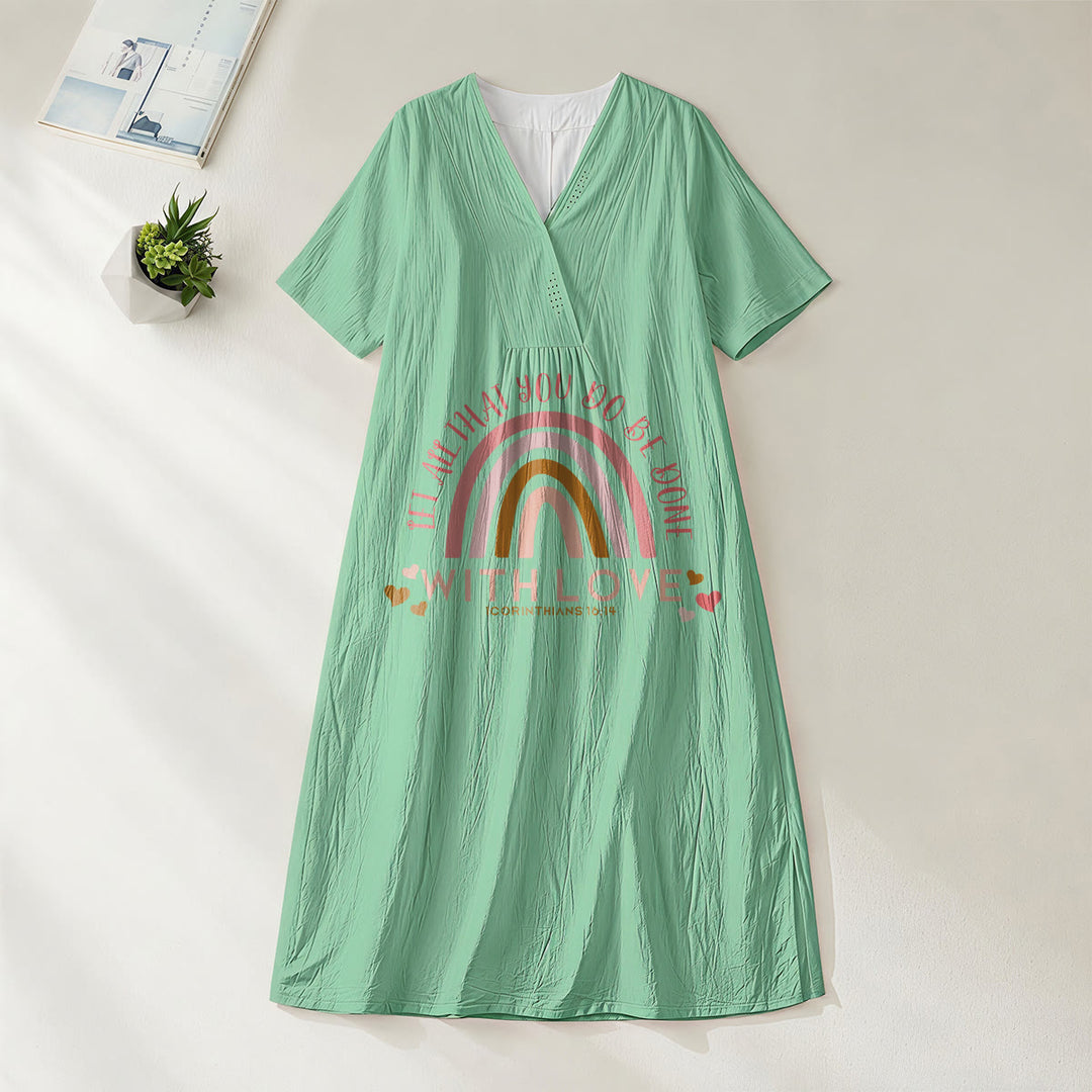 Robe midi décontractée Christianartworkshop unie à col en V avec slogan « Love » et verset biblique « Arc-en-ciel et cœur ». - Vert - 4XL - image 0