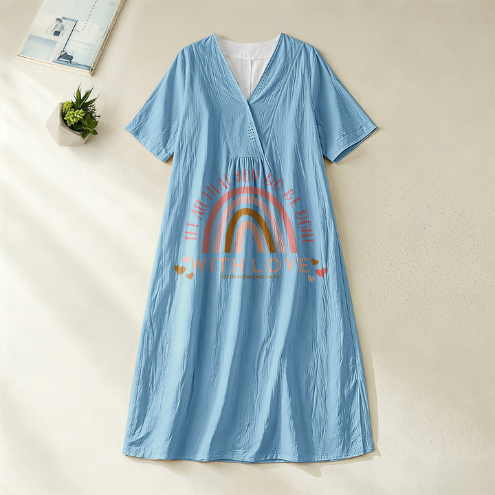 Robe midi décontractée Christianartworkshop unie à col en V avec slogan « Love » et verset biblique « Arc-en-ciel et cœur ». - Bleu - 4XL - image 4