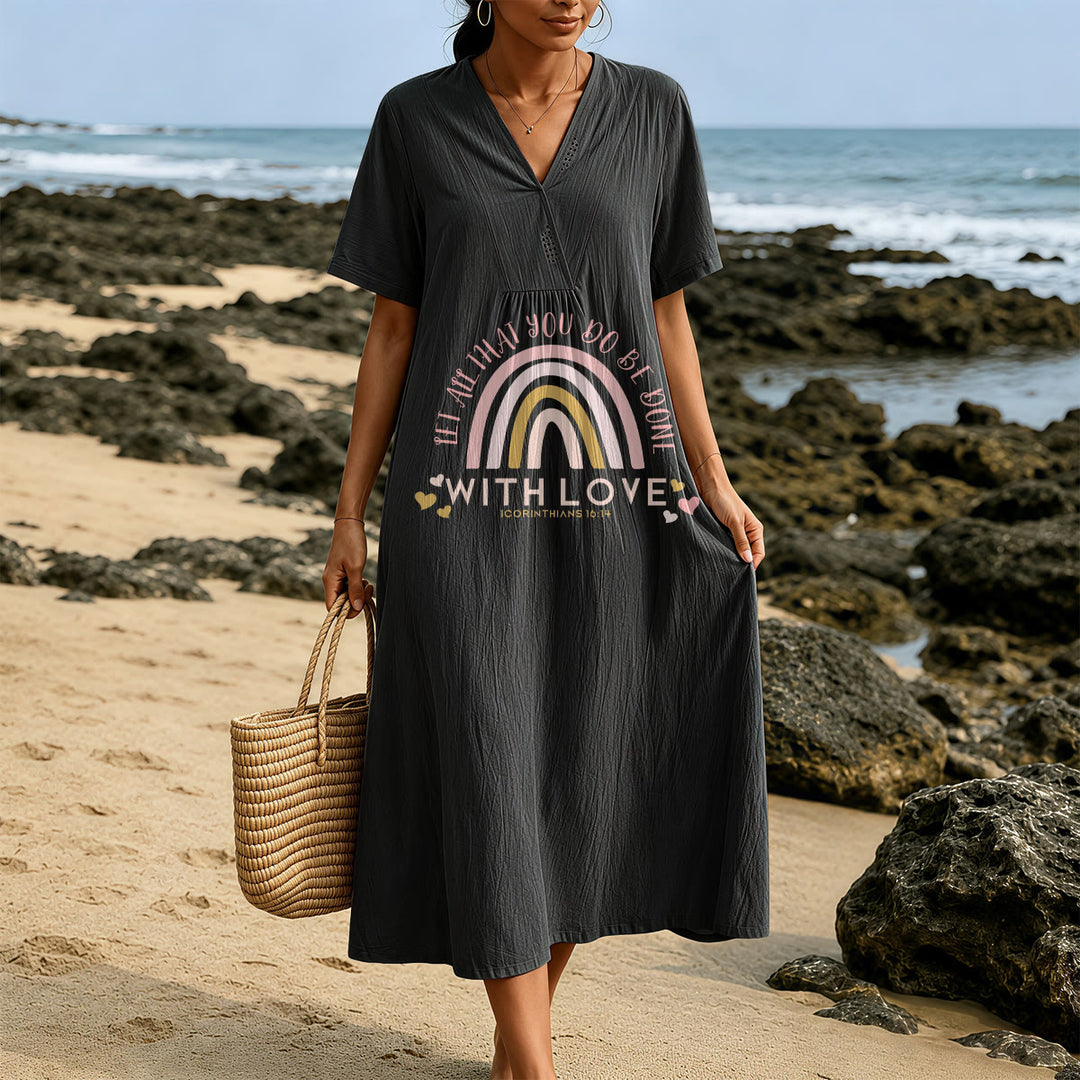 Robe midi décontractée Christianartworkshop unie à col en V avec slogan « Love » et verset biblique « Arc-en-ciel et cœur ». - image 17