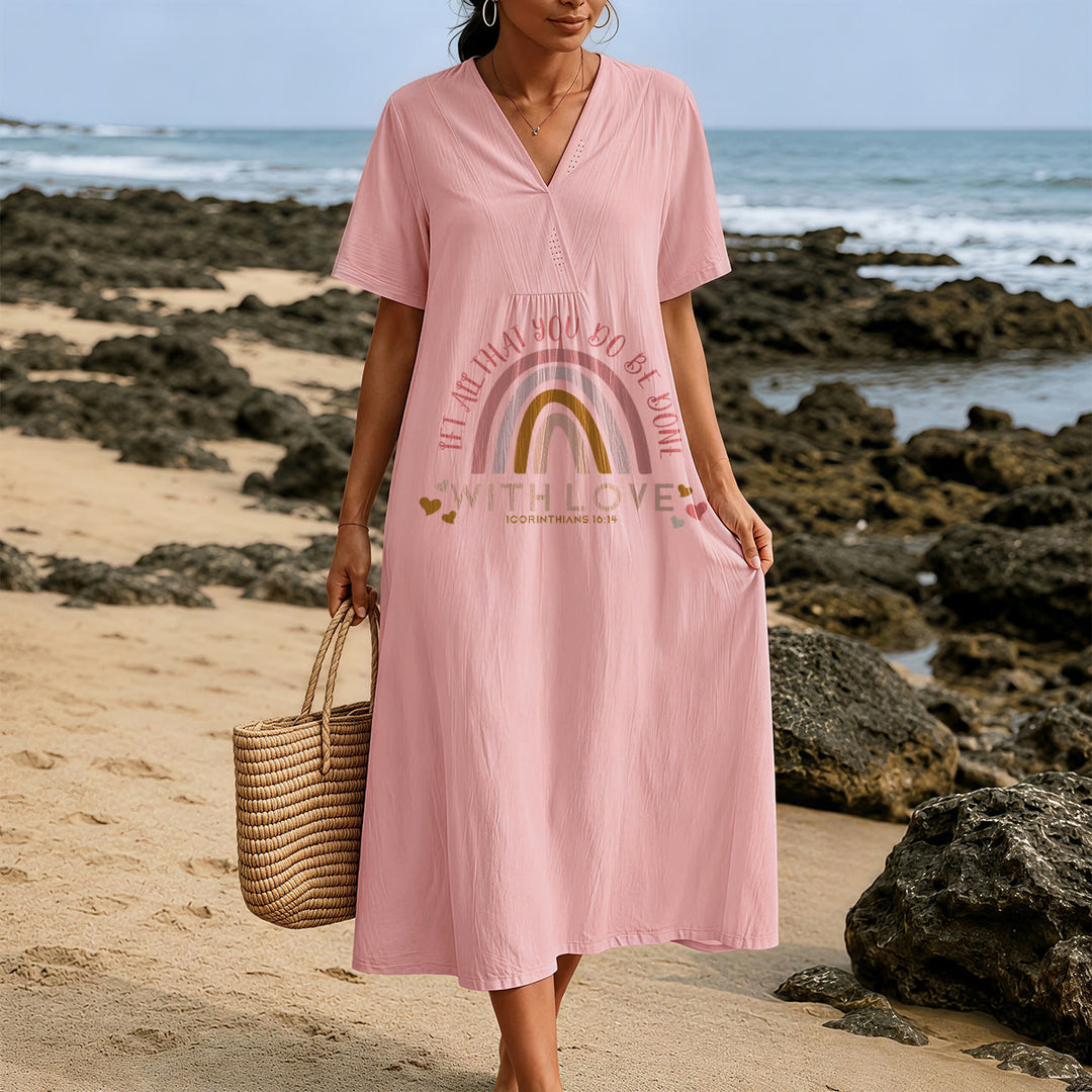 Robe midi décontractée Christianartworkshop unie à col en V avec slogan « Love » et verset biblique « Arc-en-ciel et cœur ». - image 21