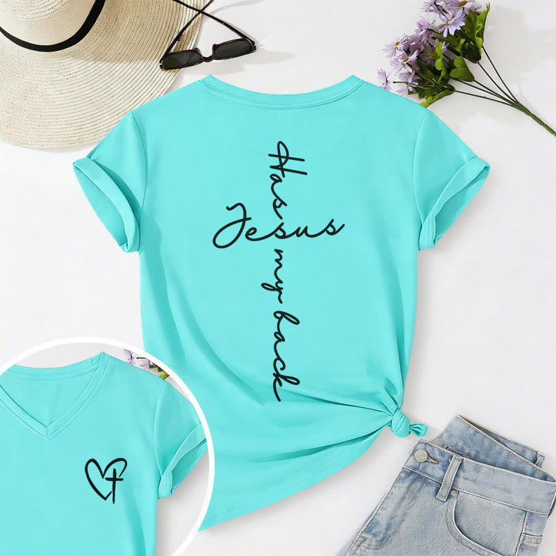 Christianartworkshop T-shirt décontracté à col en V avec imprimé recto verso « Jésus me protège » - Bleu ciel - 2XL - image 36