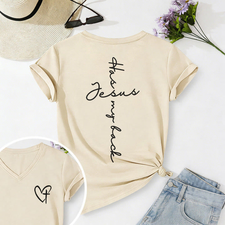 Christianartworkshop T-shirt décontracté à col en V avec imprimé recto verso « Jésus me protège » - Beige - 2XL - image 12
