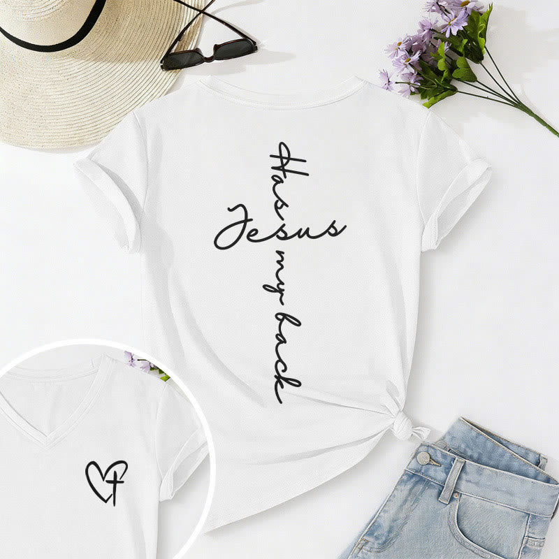 Christianartworkshop T-shirt décontracté à col en V avec imprimé recto verso « Jésus me protège » - Blanc - 2XL - image 30