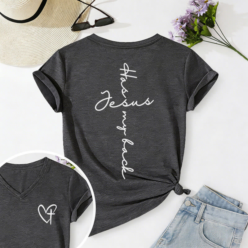 Christianartworkshop T-shirt décontracté à col en V avec imprimé recto verso « Jésus me protège » - Gris foncé - 2XL - image 0