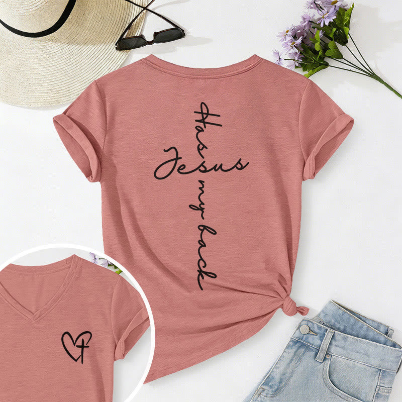 Christianartworkshop T-shirt décontracté à col en V avec imprimé recto verso « Jésus me protège » - Rose clair - 2XL - image 42