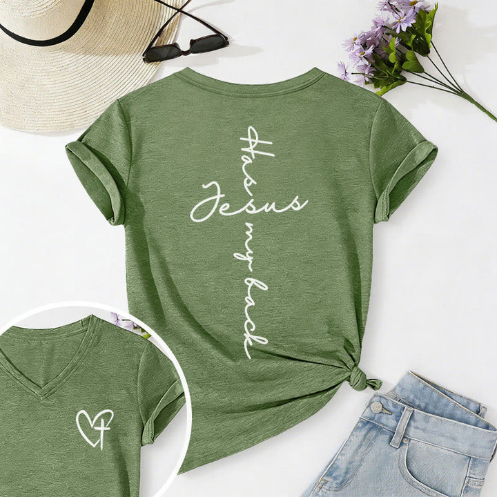Christianartworkshop T-shirt décontracté à col en V avec imprimé recto verso « Jésus me protège » - Vert olive - 2XL - image 24