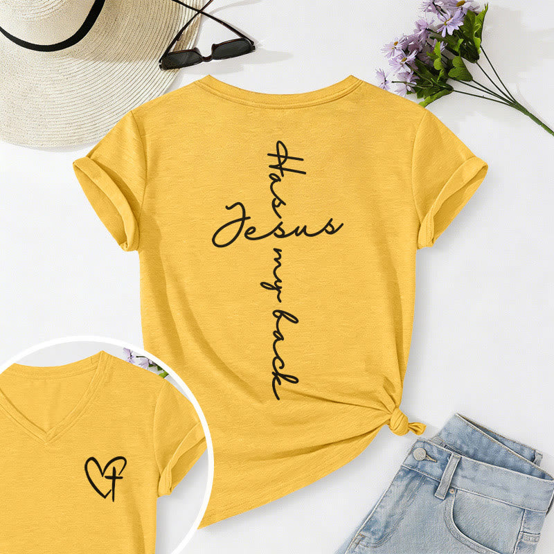 Christianartworkshop T-shirt décontracté à col en V avec imprimé recto verso « Jésus me protège » - Jaune - 2XL - image 18