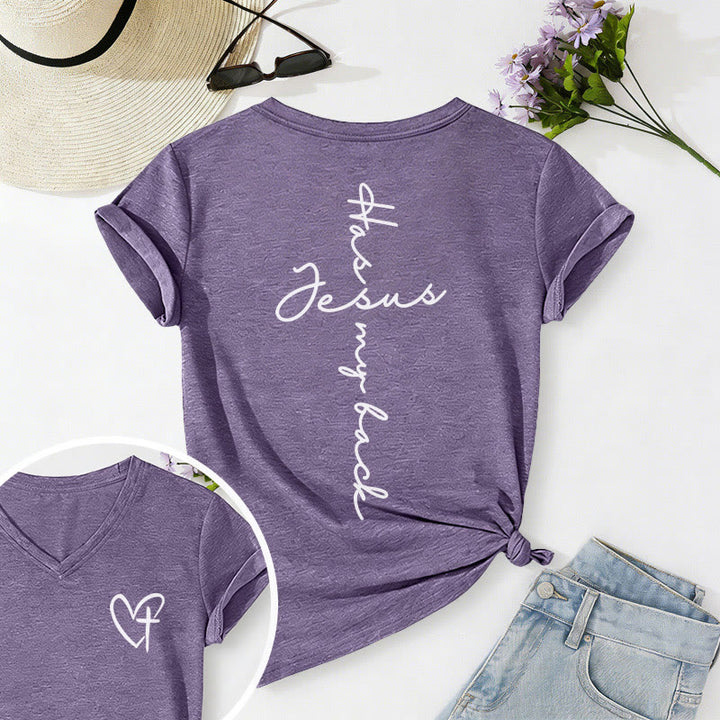 Christianartworkshop T-shirt décontracté à col en V avec imprimé recto verso « Jésus me protège » - Violet - 2XL - image 54