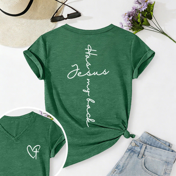 Christianartworkshop T-shirt décontracté à col en V avec imprimé recto verso « Jésus me protège » - Vert foncé - 2XL - image 48