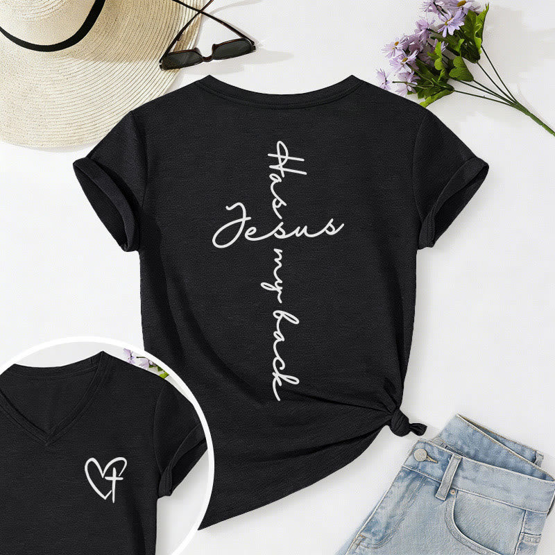 Christianartworkshop T-shirt décontracté à col en V avec imprimé recto verso « Jésus me protège » - Noir - 2XL - image 6
