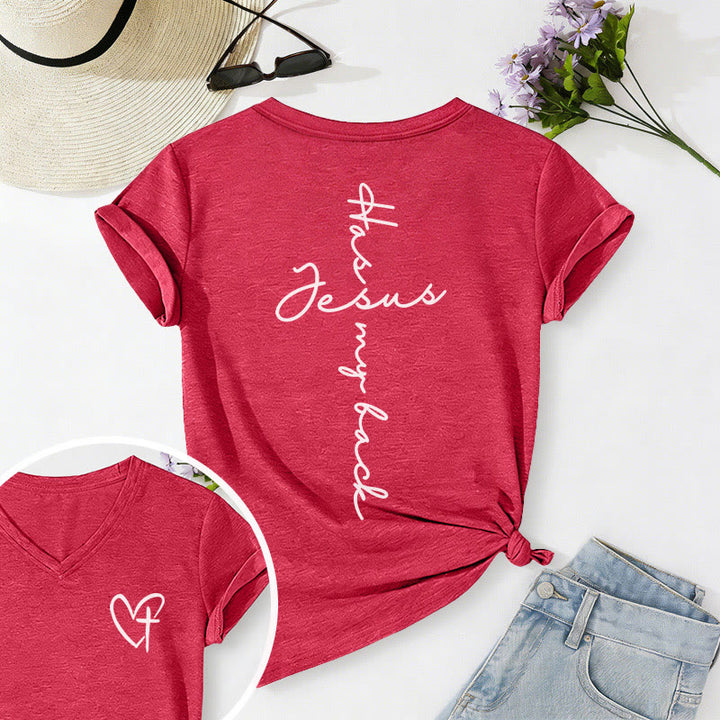 Christianartworkshop T-shirt décontracté à col en V avec imprimé recto verso « Jésus me protège » - Rouge - 2XL - image 66