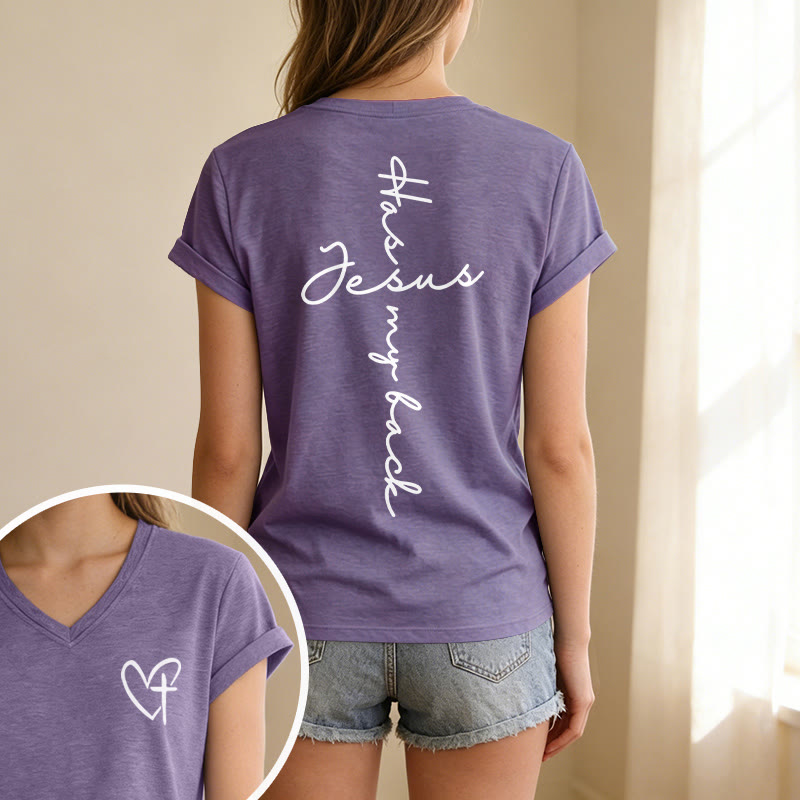 Christianartworkshop T-shirt décontracté à col en V avec imprimé recto verso « Jésus me protège » - image 55
