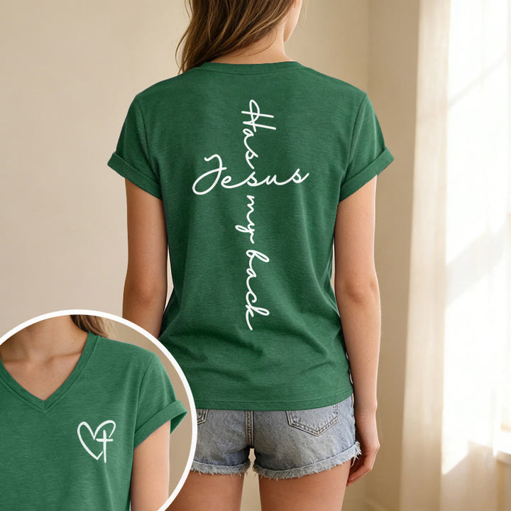 Christianartworkshop T-shirt décontracté à col en V avec imprimé recto verso « Jésus me protège » - image 49