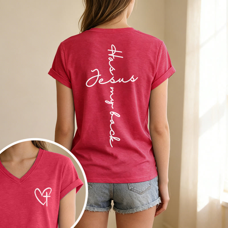 Christianartworkshop T-shirt décontracté à col en V avec imprimé recto verso « Jésus me protège » - image 67