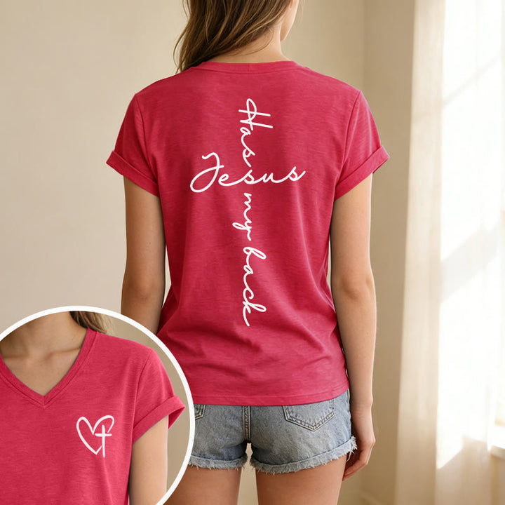 Christianartworkshop T-shirt décontracté à col en V avec imprimé recto verso « Jésus me protège » - image 67