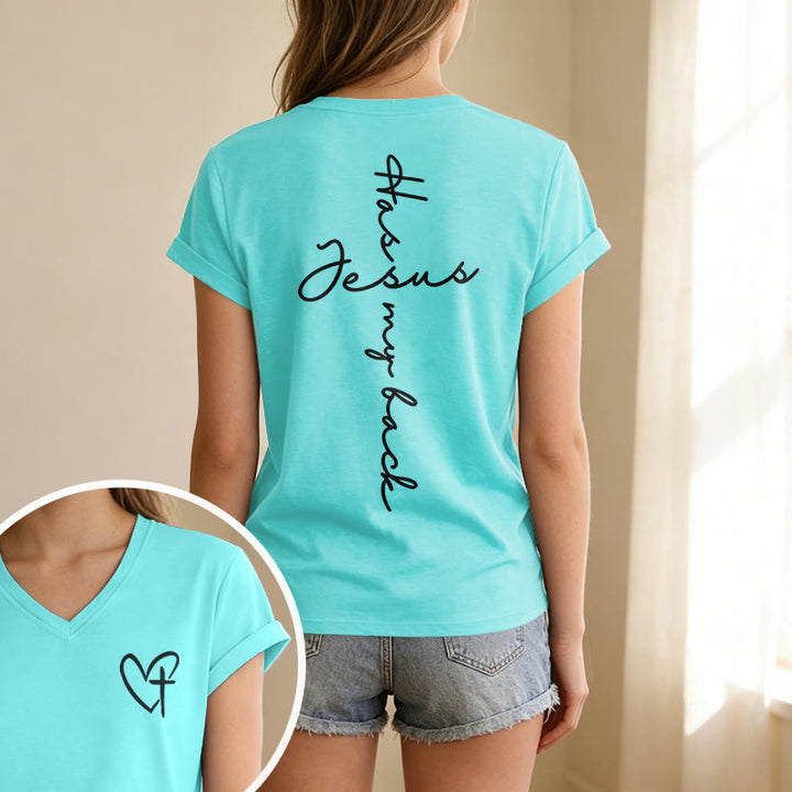 Christianartworkshop T-shirt décontracté à col en V avec imprimé recto verso « Jésus me protège » - image 37