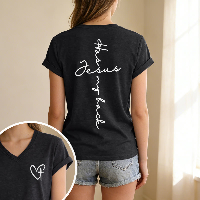 Christianartworkshop T-shirt décontracté à col en V avec imprimé recto verso « Jésus me protège » - image 7