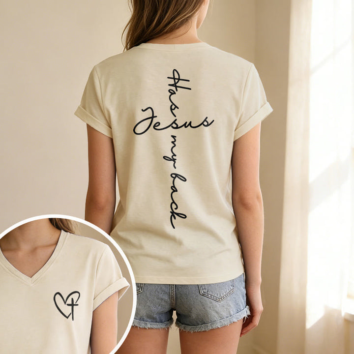 Christianartworkshop T-shirt décontracté à col en V avec imprimé recto verso « Jésus me protège » - image 13